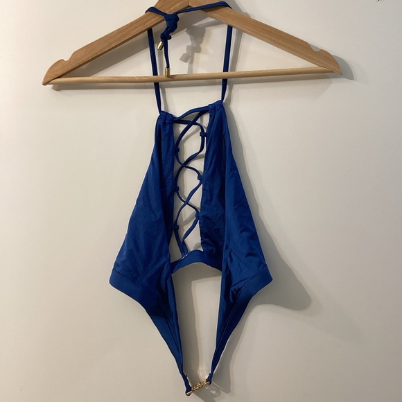 Beach Bunny Reese Blue Halter Strappy‎ One-Piece Swimsuit | Sexy Cutout Monokini - Picture 9 of 10